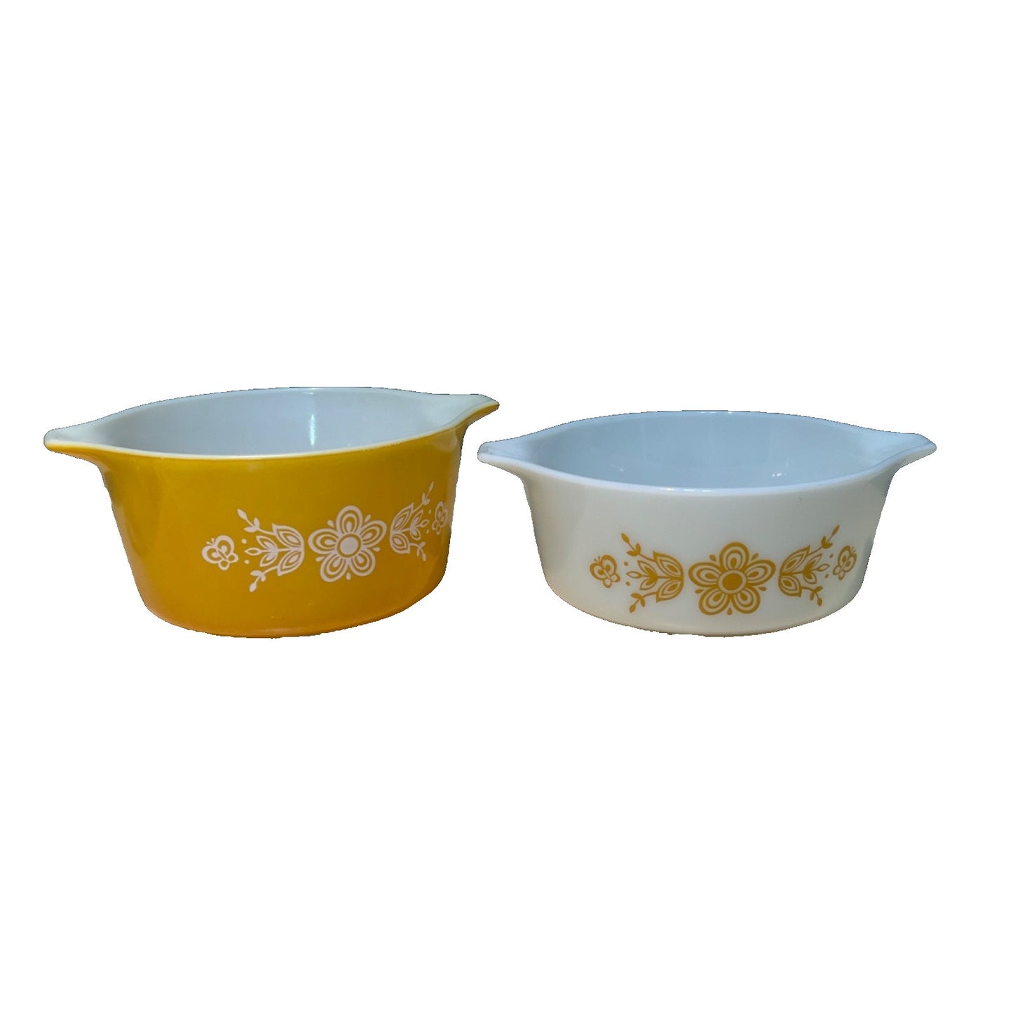Vintage PYREX 472 and 473 BUTTERFLY GOLD casserole dishes 1 1/2 pint and 1 quart