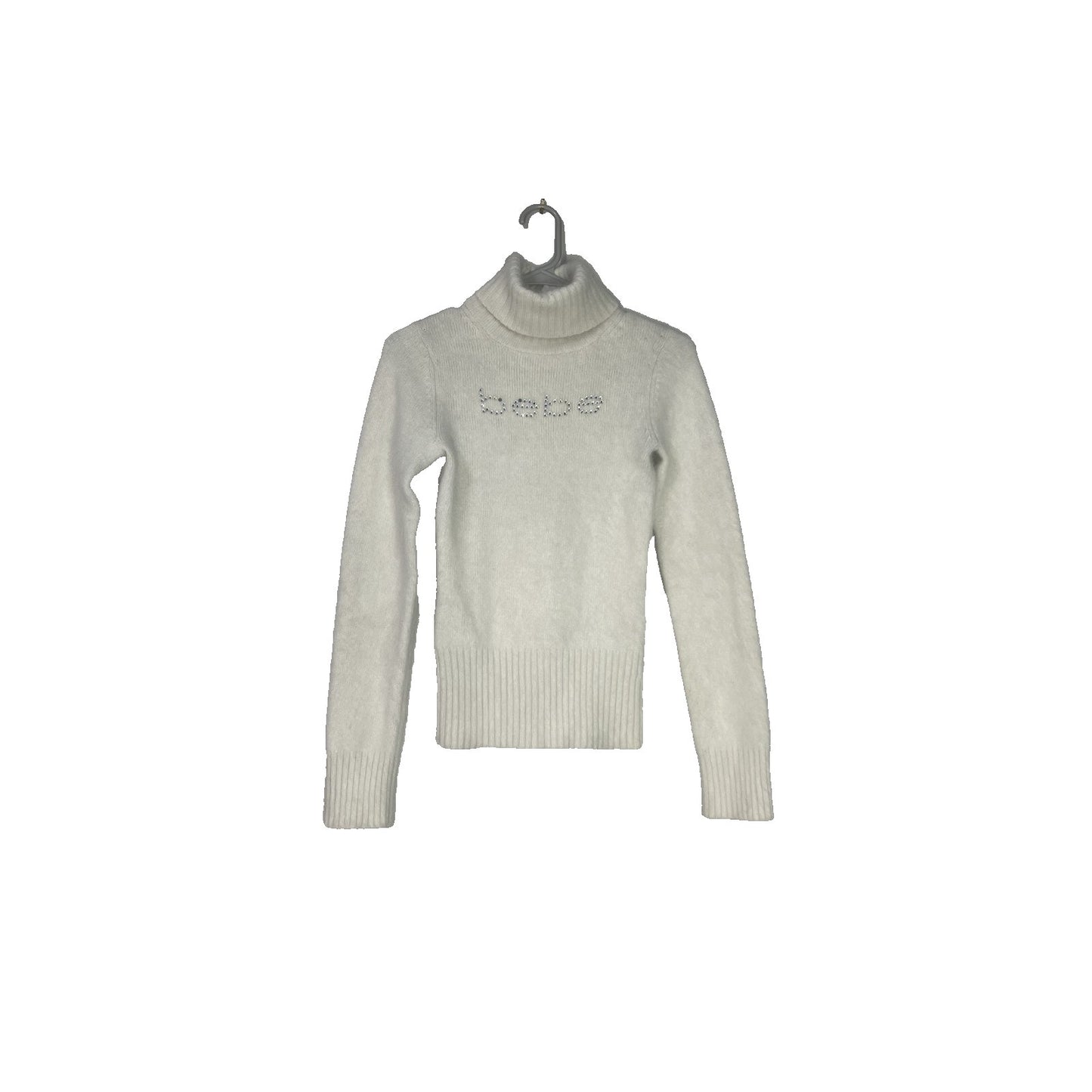 White Y2K Vintage Angora Fur Rhinestone Bebe Logo Small Turtleneck Sweater