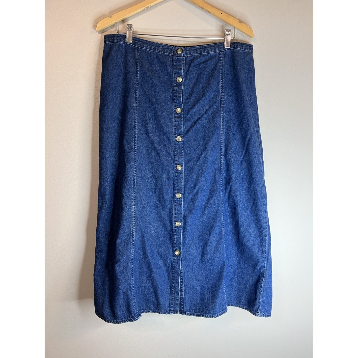 Vintage Mountain Lake Button Denim Maxi Skirt Size L Blue Country Ranch Modest