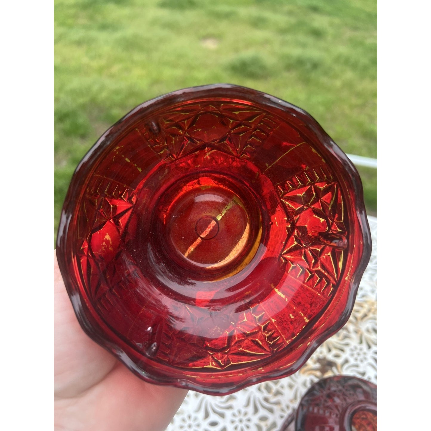 Indiana Glass Large Ruby Red Stars & Bars Fairy Lamp 6”X4” vintage