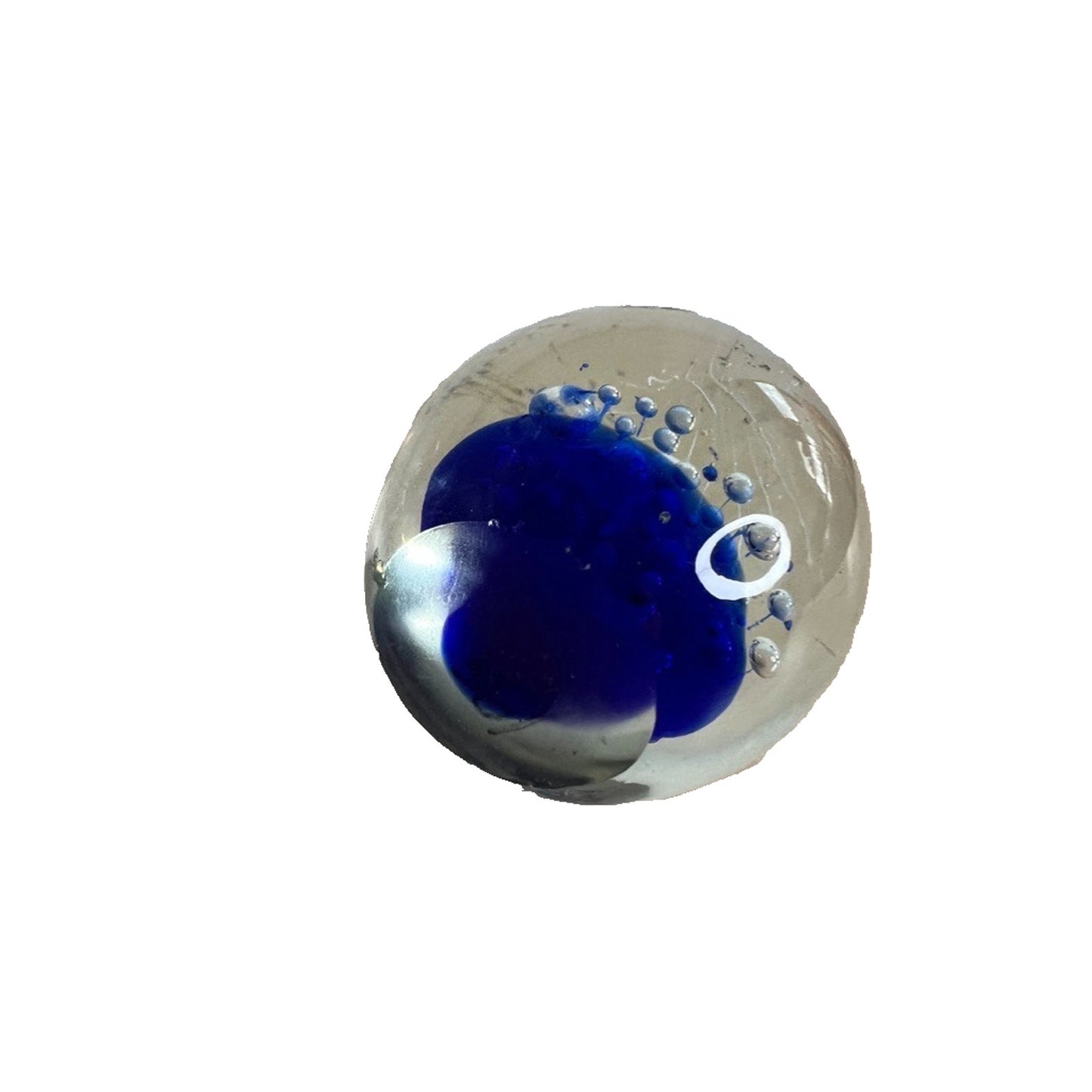Hand-Blown Cobalt Blue Controlled Bubbles Glass Paperweight Ocean Fireworks