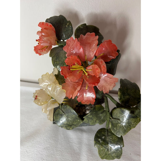 Vintage Jade Tree Bonsai Tree Carved Agate Peony Flowers High Blossom