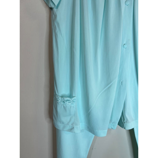 VTG Shadowline Nylon 2 Pc Pajama Set Womens Color Sea Foam Lace