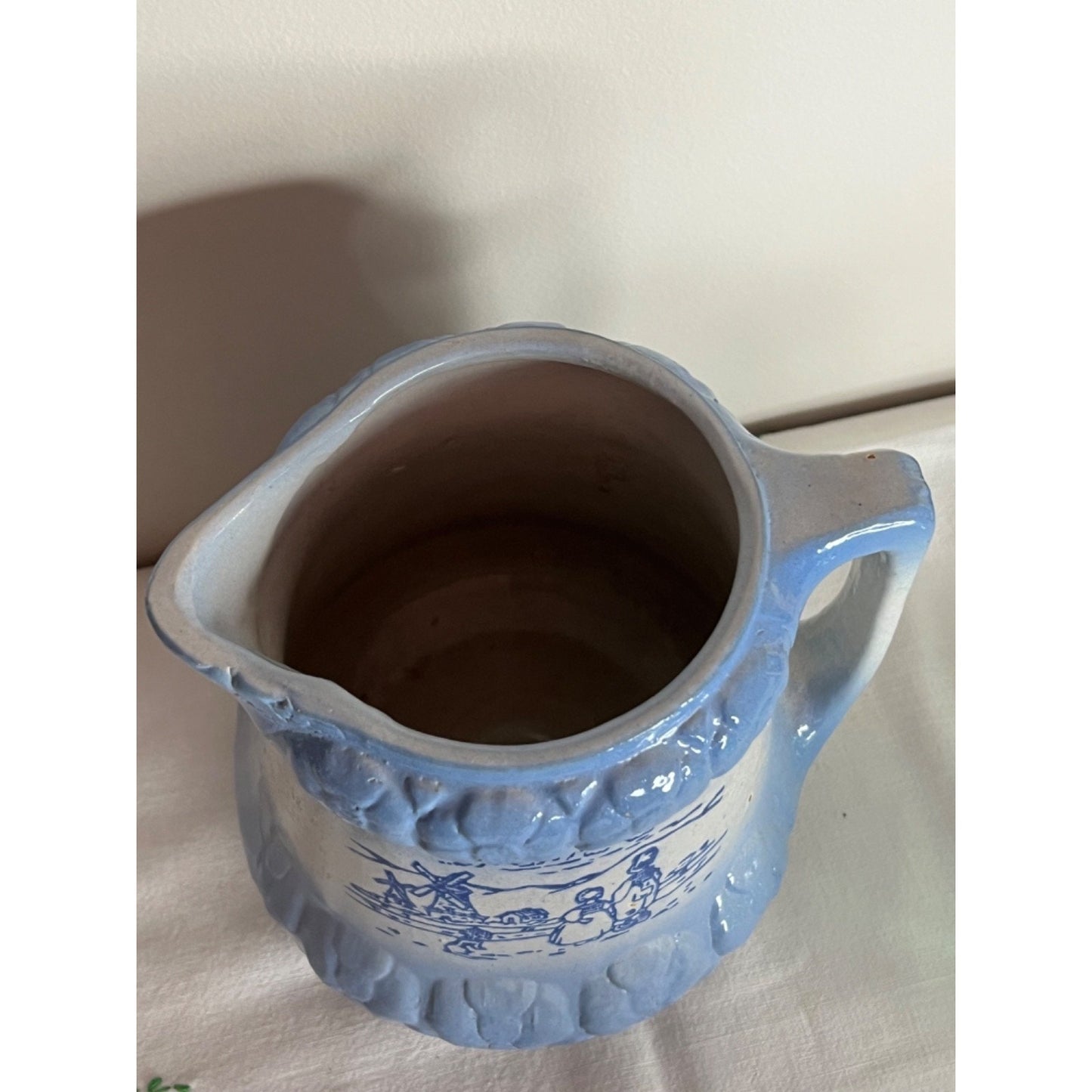Antique Early 1900s Brush McCoy Blue White Stoneware Pitcher Dutch Children Dog