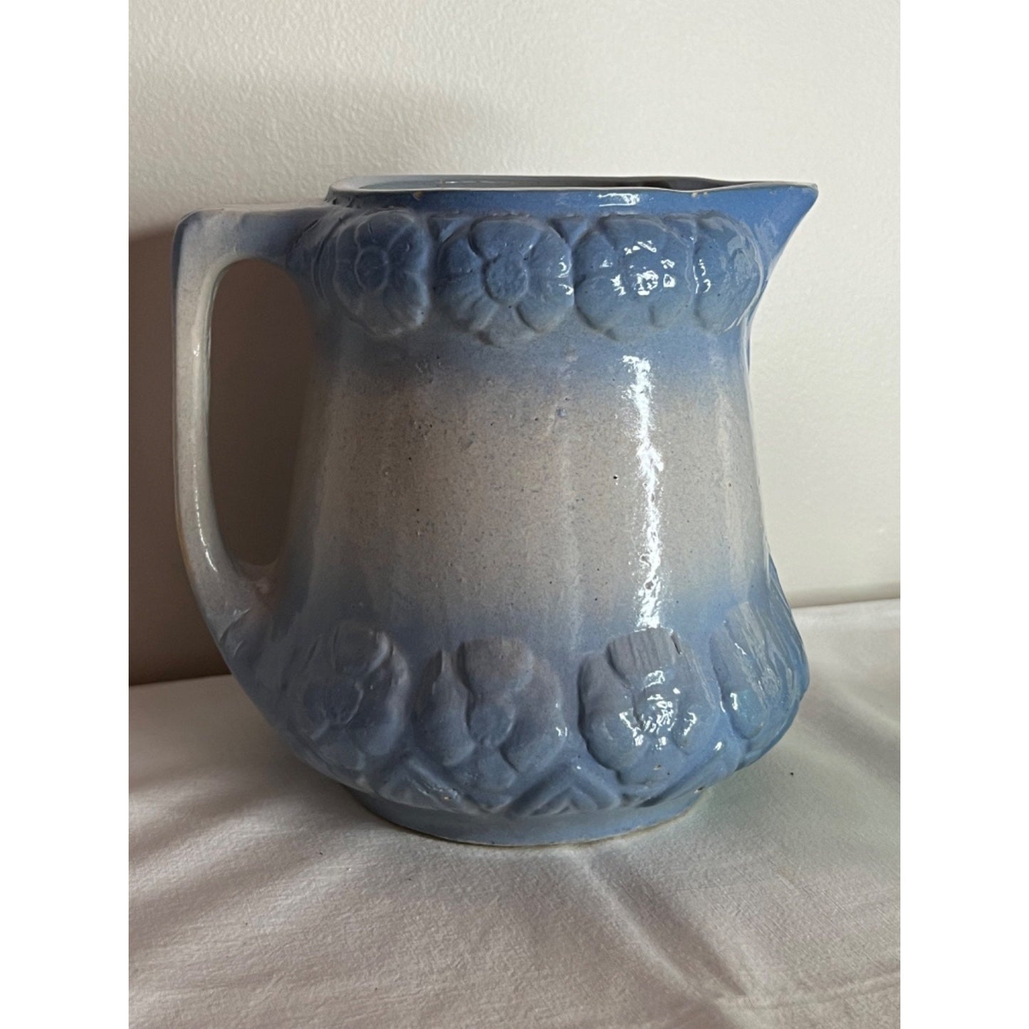 Antique Early 1900s Brush McCoy Blue White Stoneware Pitcher Dutch Children Dog