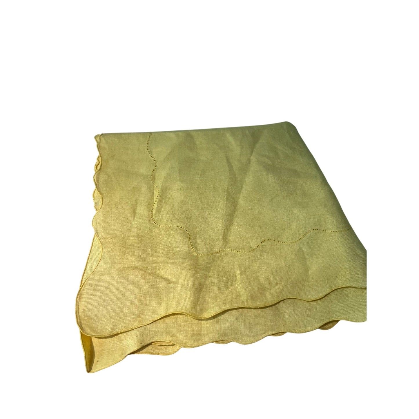 VTG Capri Butter Yellow Belgian Linen Scallop Edge Hemstitch Tablecloth 68x84