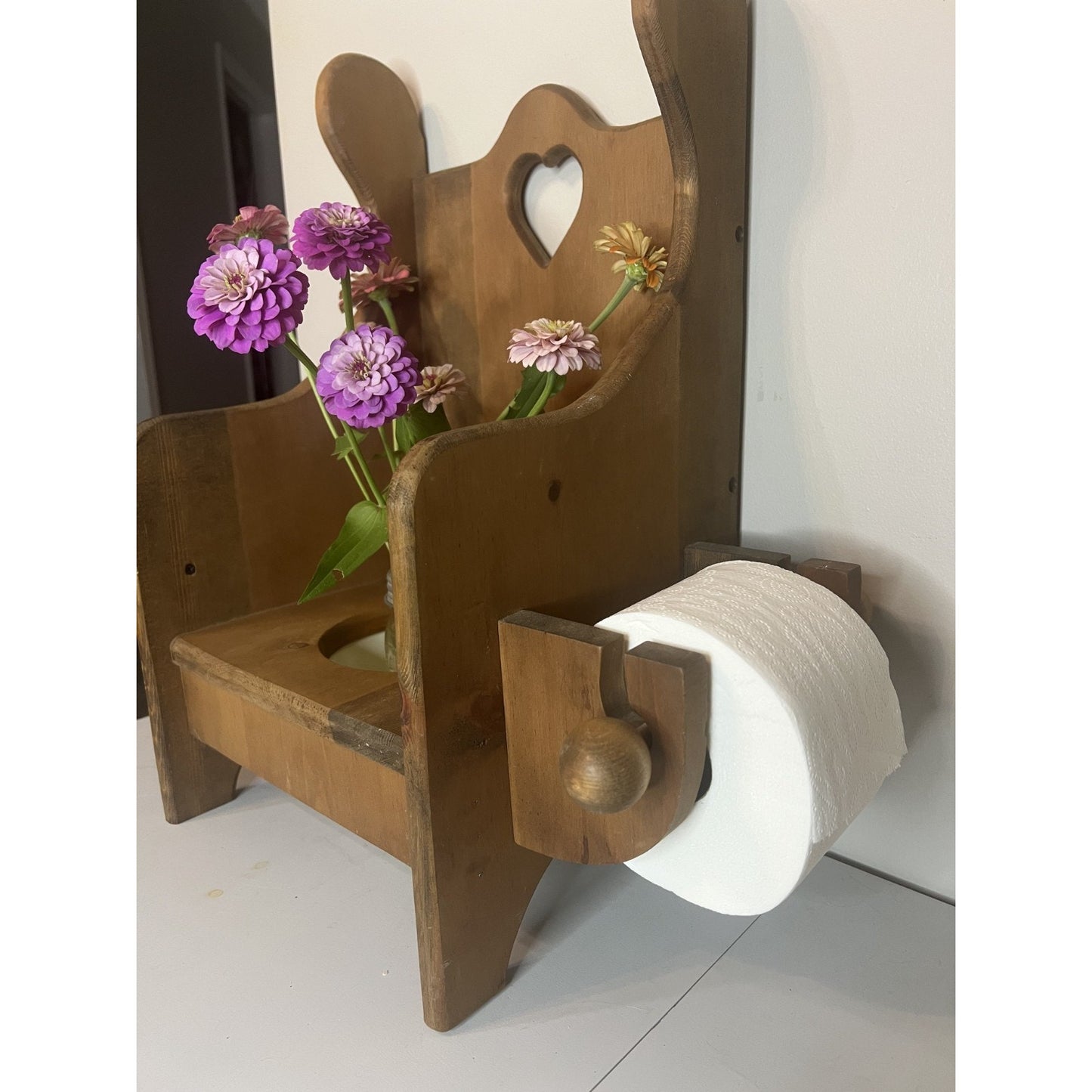 Vintage Wooden Heart Cutout Potty Training Chair Removable Bowl