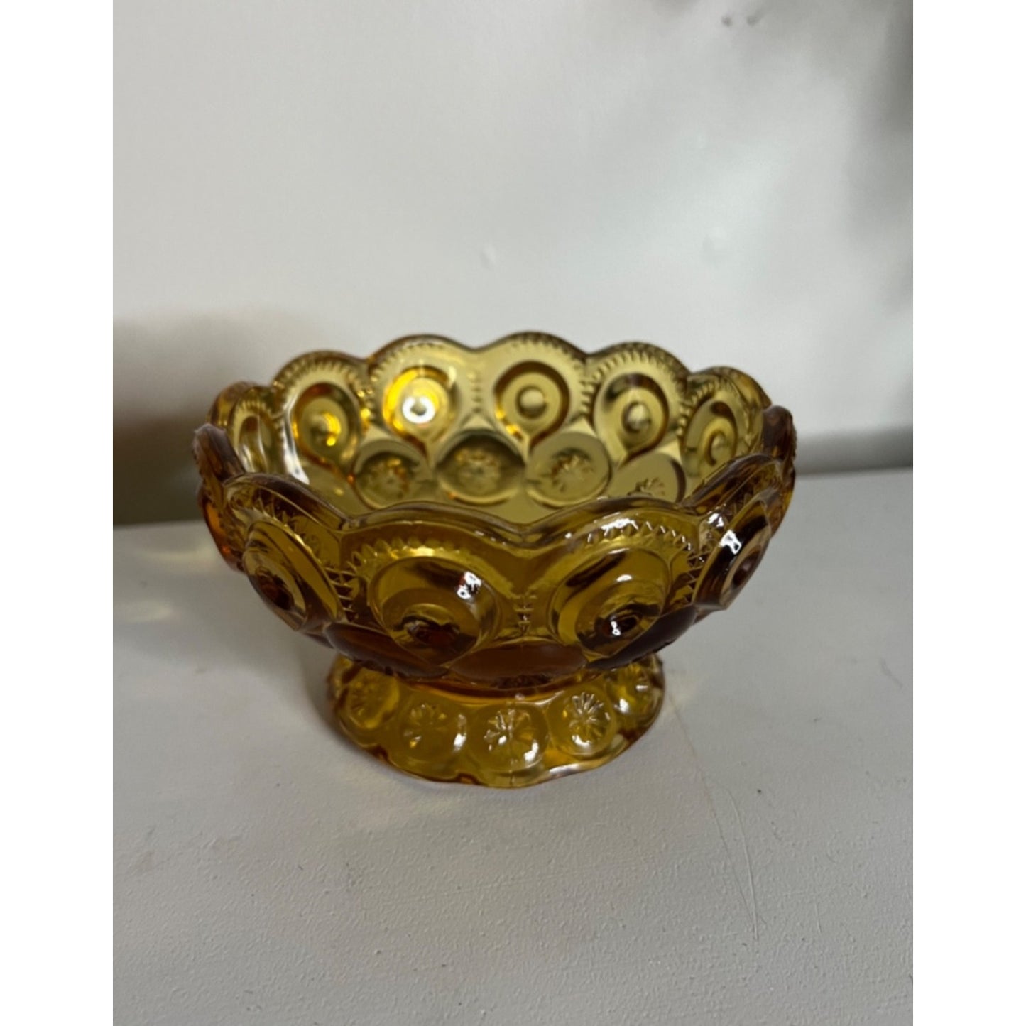 Vintage LE Smith MOON and STARS Amber Glass Compote, Candy, Relish Dish / Bowl