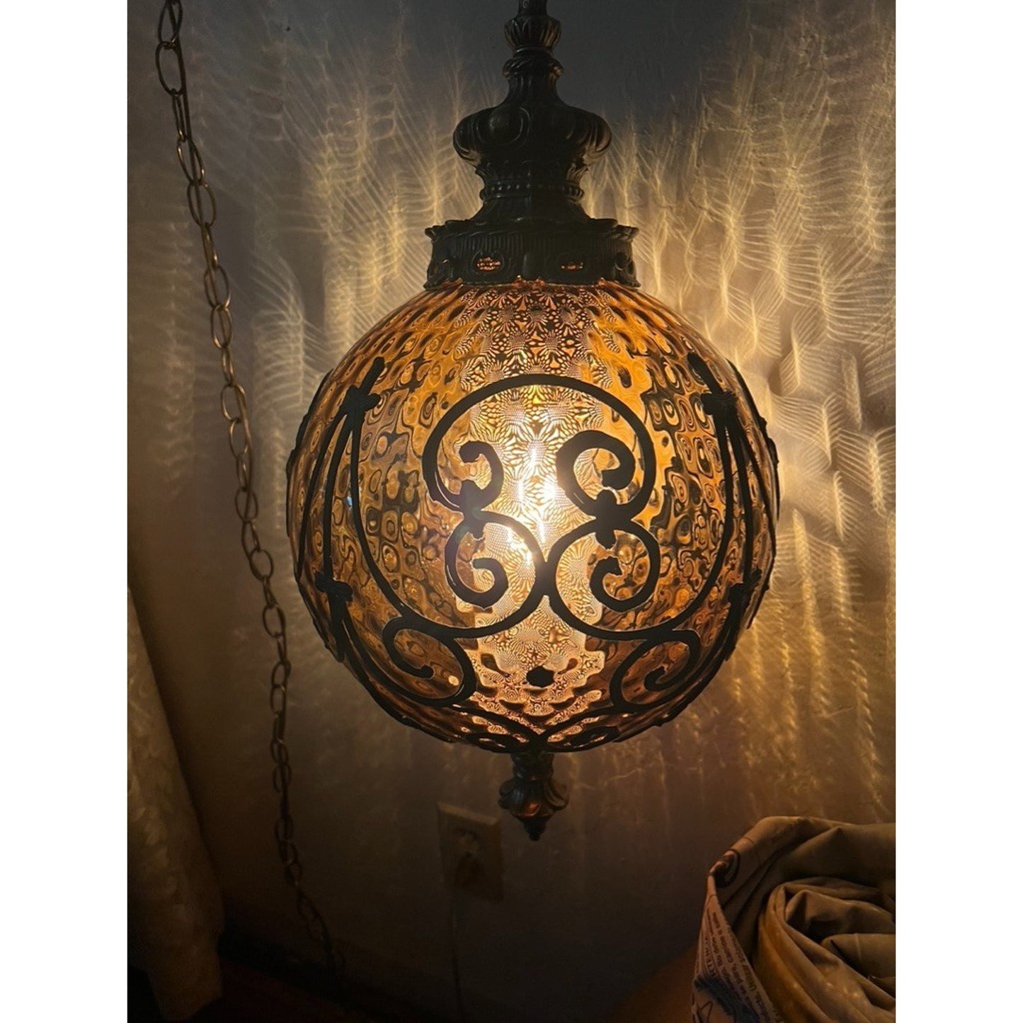 AMBER DIMPLED Glass Vintage Light Swag Hanging Lamp Diffuser Antique 70s