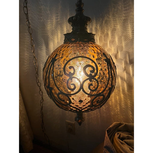 AMBER DIMPLED Glass Vintage Light Swag Hanging Lamp Diffuser Antique 70s