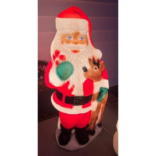 Vintage 2000 Plastic Blow Mold Lighted Santa Claus with Reindeer 40"