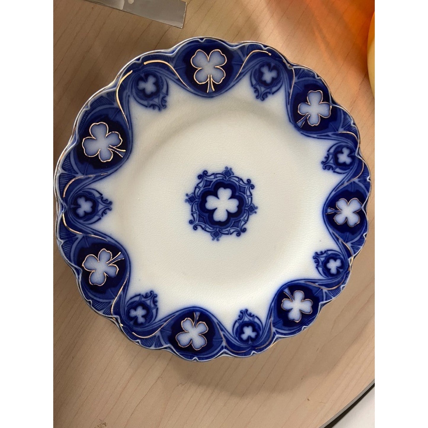 Victorian Antique Johnson Bros Flow Blue Savoy Plate 9” Clover Gold Pattern