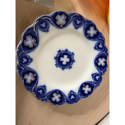 Victorian Antique Johnson Bros Flow Blue Savoy Plate 9” Clover Gold Pattern