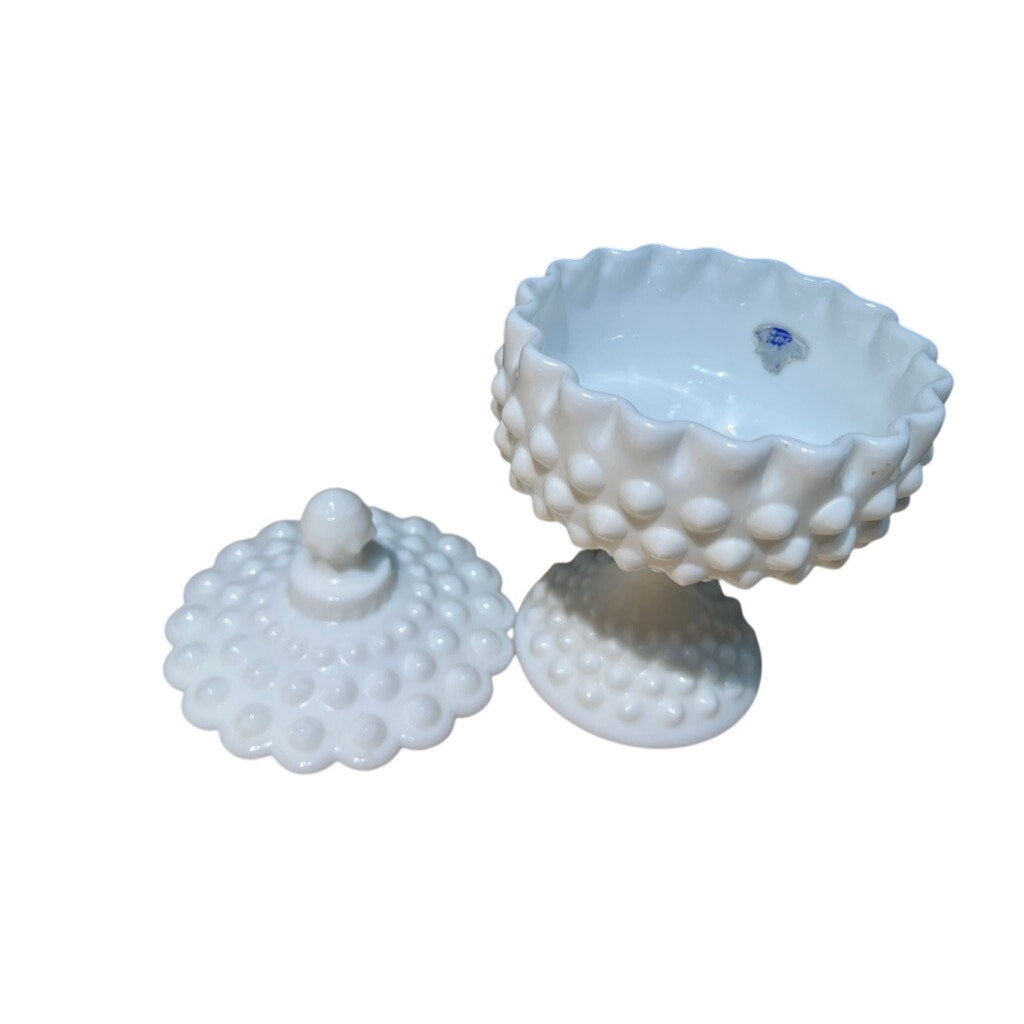 Vintage Fenton Lidded Hobnail Milk Glass Candy Dish with Sticker