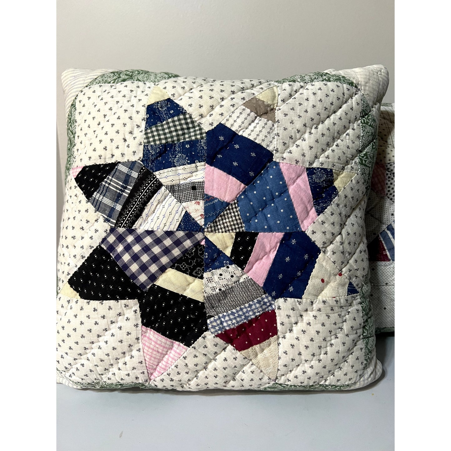 Vintage 1910 Indigo String Star & Denim Quilt Pillow w/ Remote Pocket