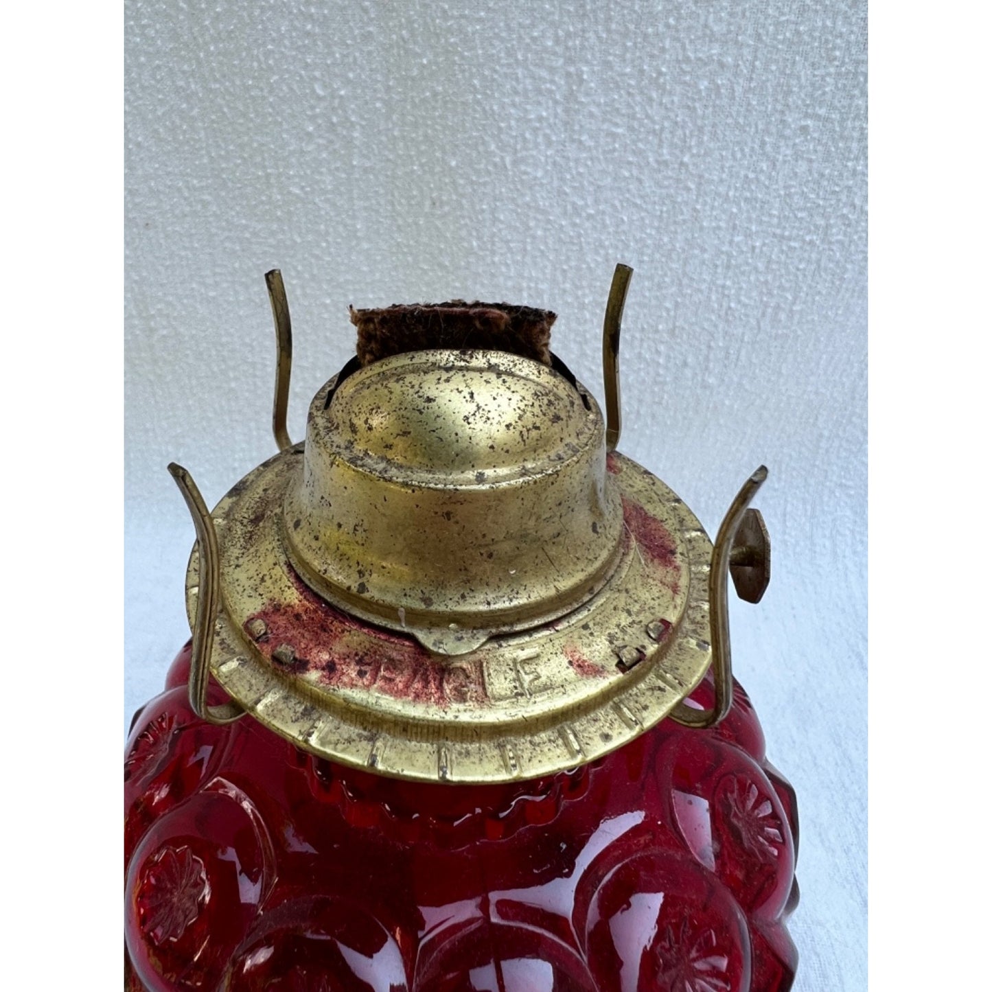 VTG L E Smith Moon Stars Cranberry Red Oil Lamp 12” Glass Victorian Gothic