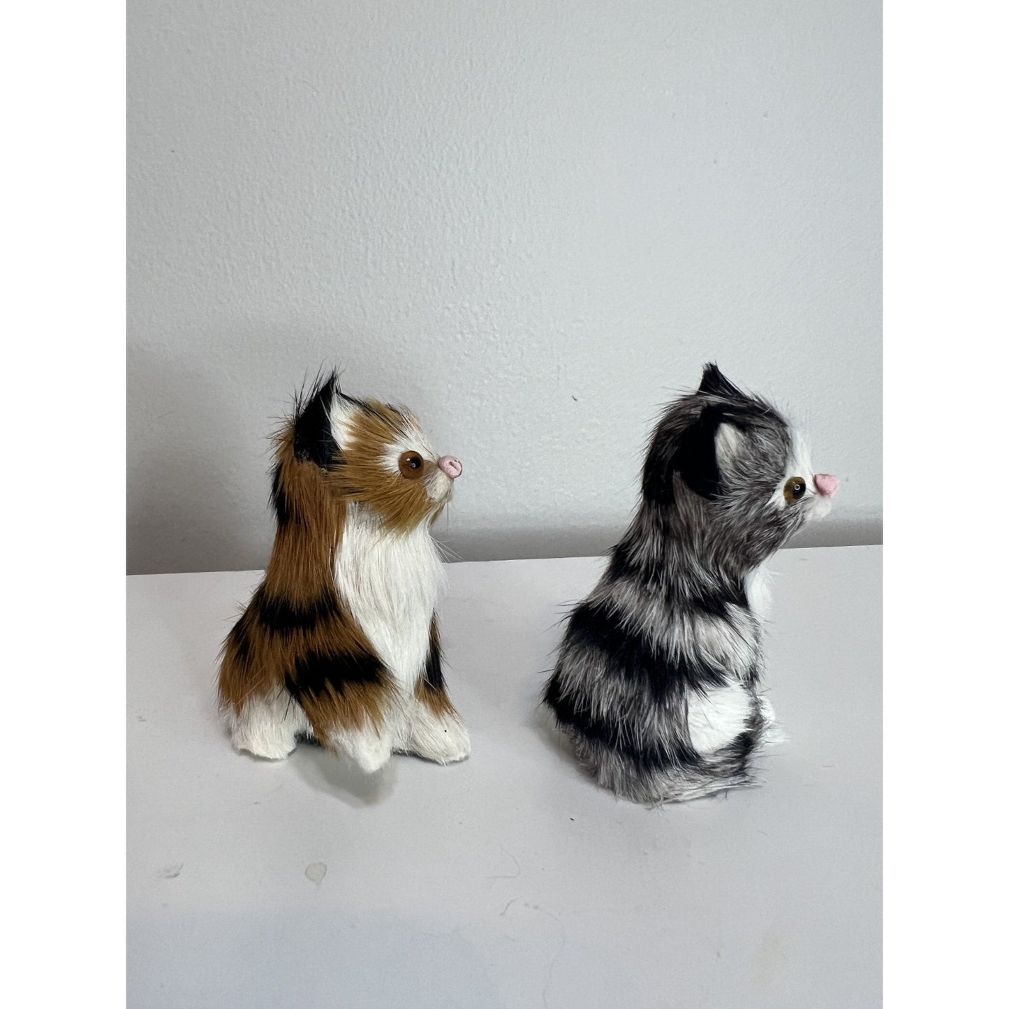 Vintage Golden Leaf Real Rabbit Fur Animal Figure Kitten Cat 3" Set of 2