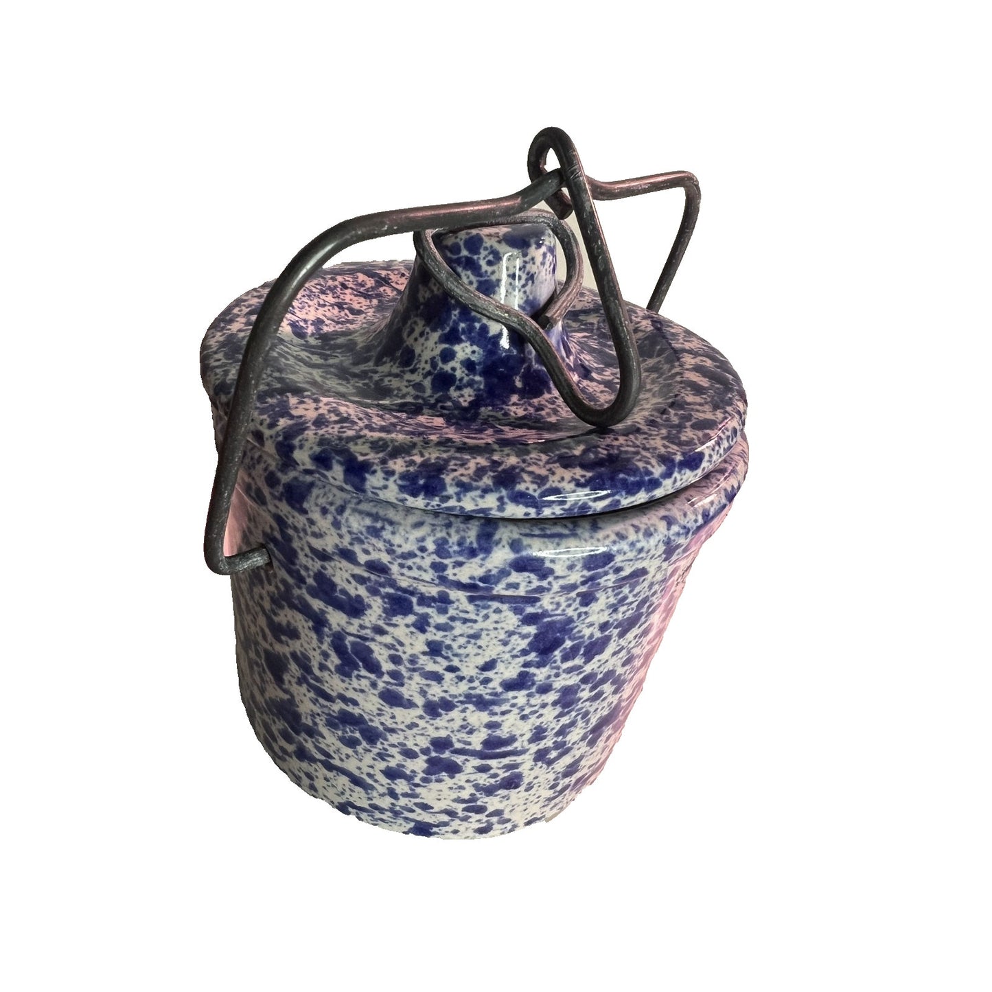 Vintage Stoneware Blue Speckled Crock Wire Bale Lid Cheese Crock Pottery
