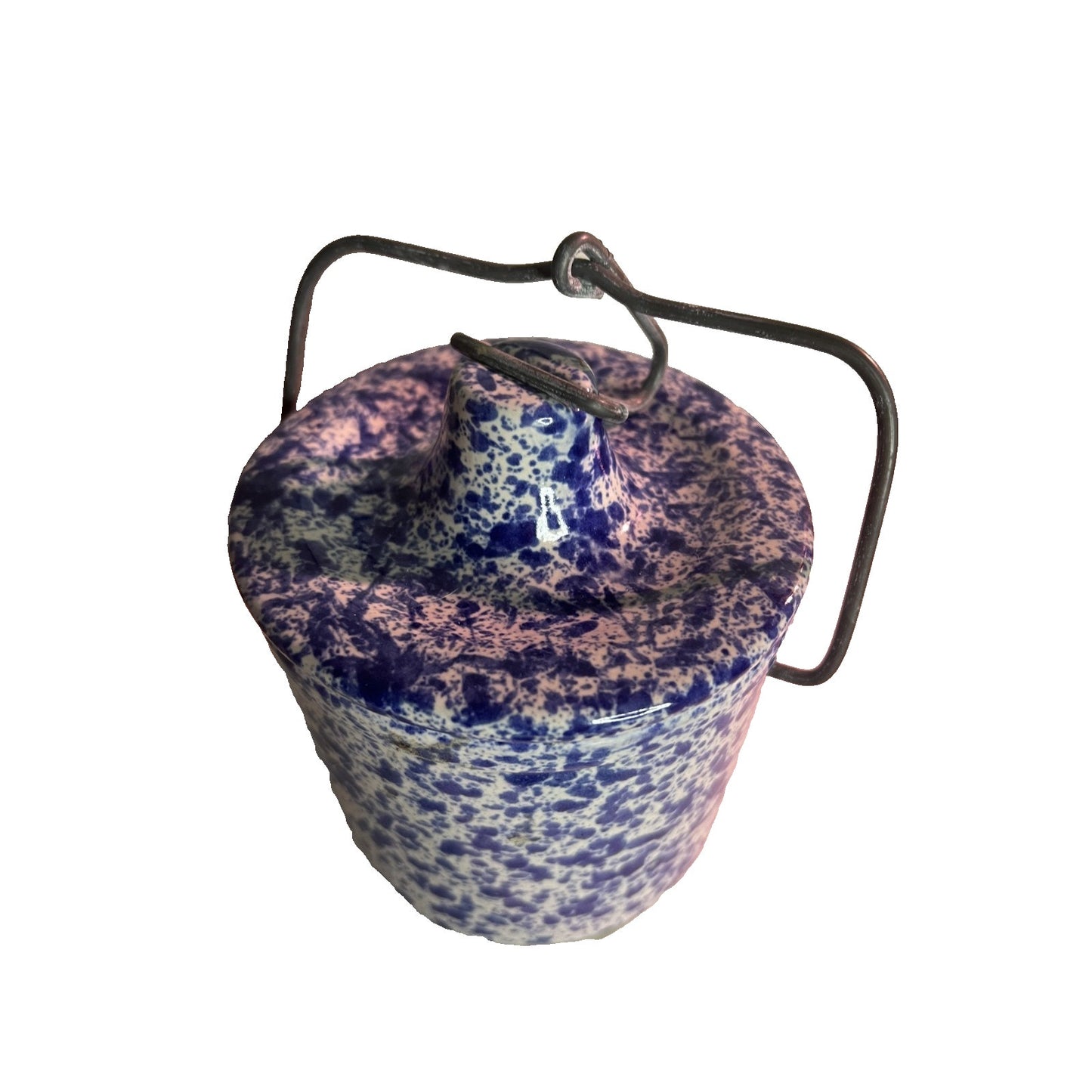 Vintage Stoneware Blue Speckled Crock Wire Bale Lid Cheese Crock Pottery