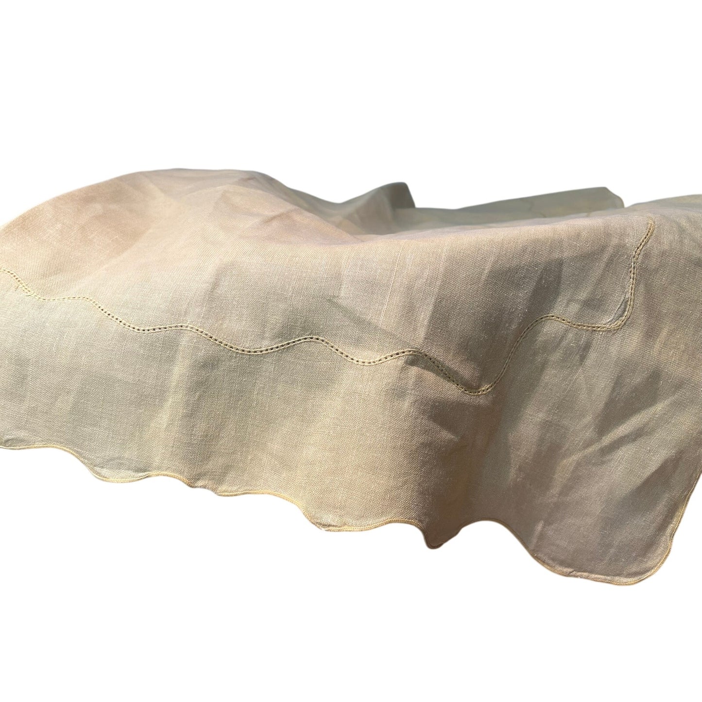 VTG Capri Butter Yellow Belgian Linen Scallop Edge Hemstitch Tablecloth 68x84