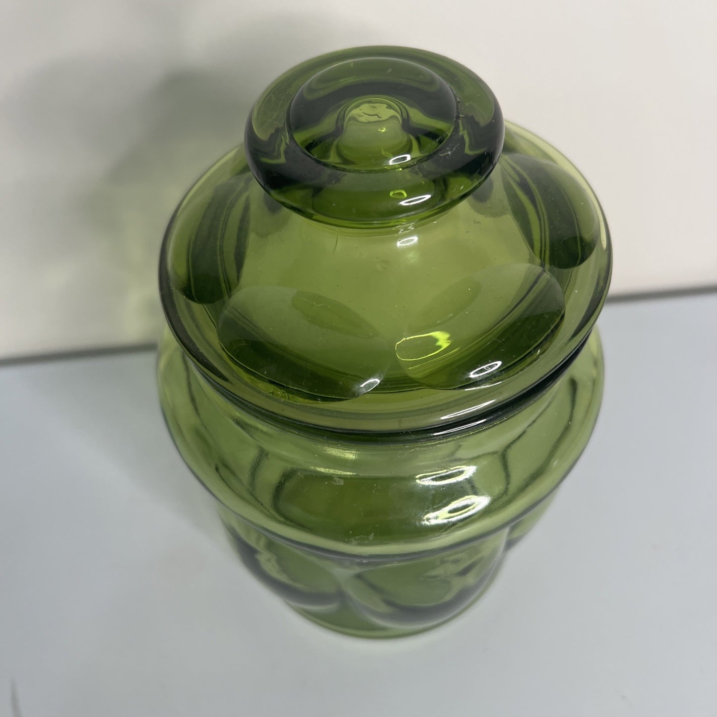 Vintage L.E. Smith Avocado Green Glass Storage Apothecary Jar with Lid