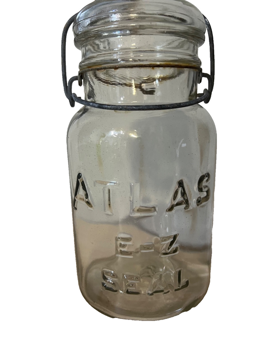 Vintage Atlas E Z Seal Quart Clear Mason Jar - Wire Bail Glass Lid