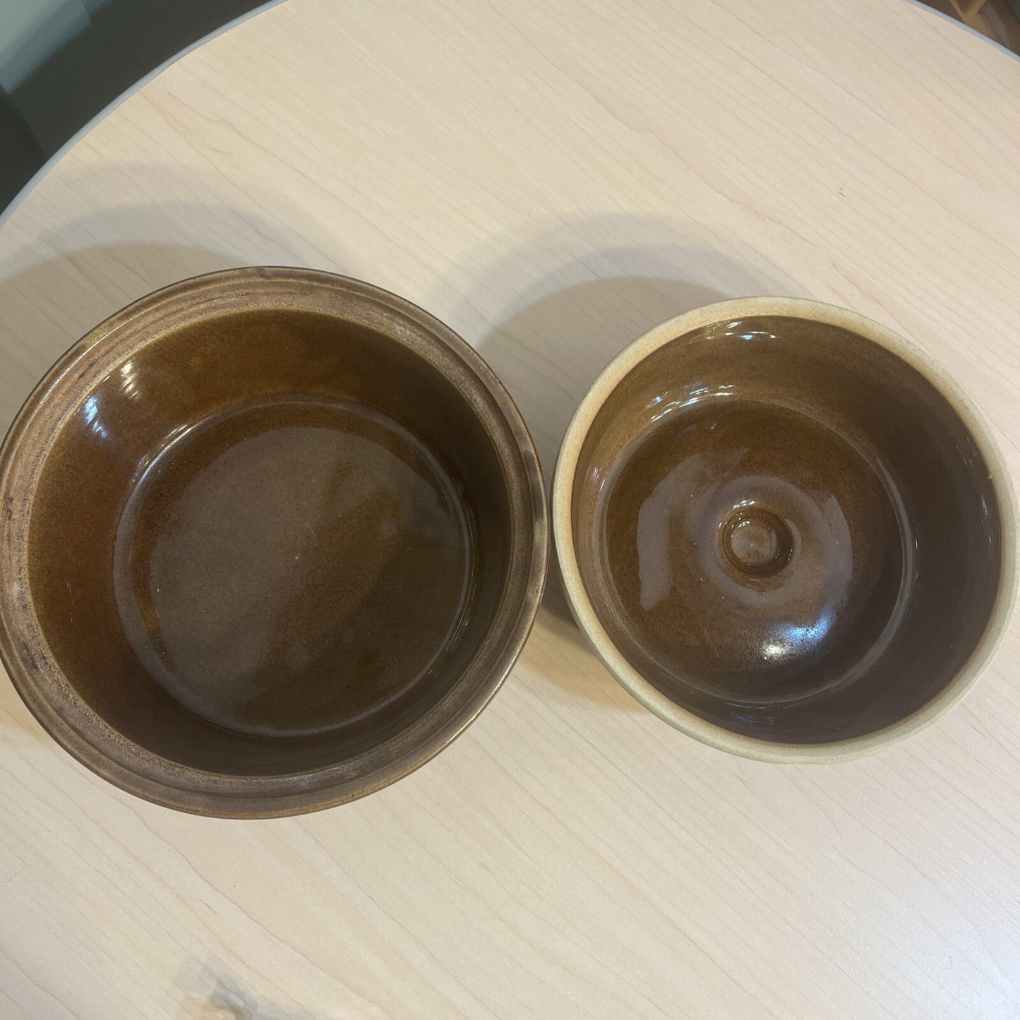 Vintage 2 Qt Brown Glaze Bean Pot Crock Stoneware Dutch Oven marked USA