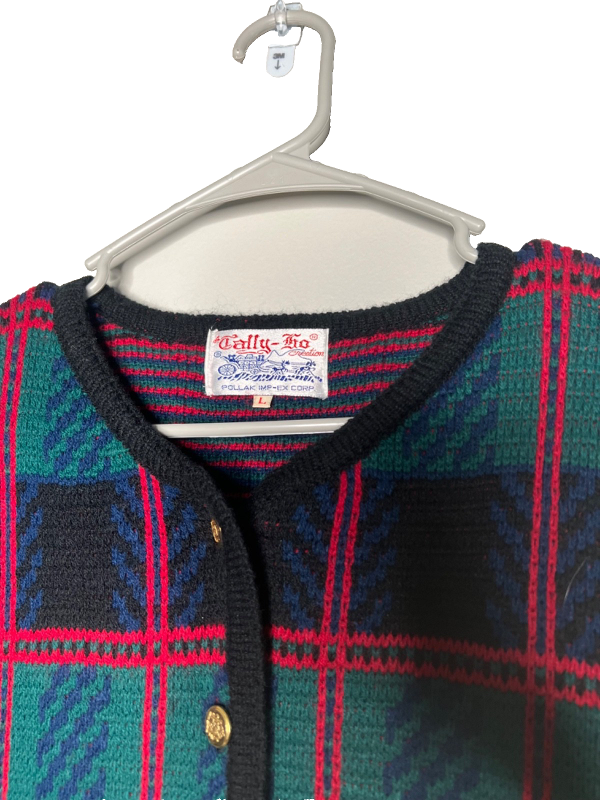 Vintage Tally Ho Creation Pollak Cardigan Sweater LARGE Button Plaid