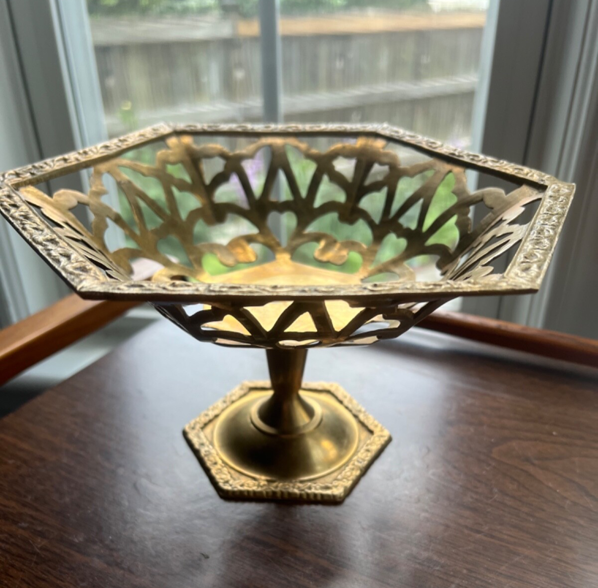 Vintage Brass Pedestal Bowl with Ornate Cut Out Design & Floral Motif 9" x 5”