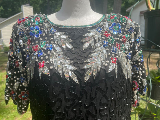 RARE NWT Vintage Cee Cee Black Silk Beaded Sequin Dress Cutout Back Cruise