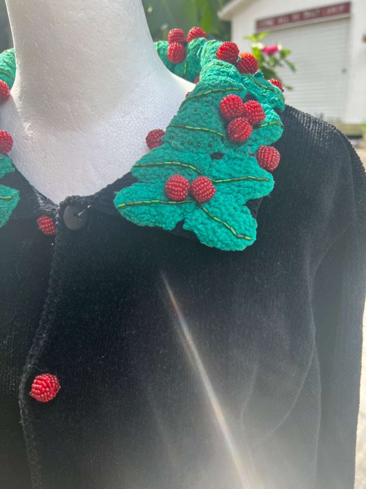 Vintage 90s Belle Pointe Womens Christmas Cardigan Sz L Black Chenille Beaded 3D