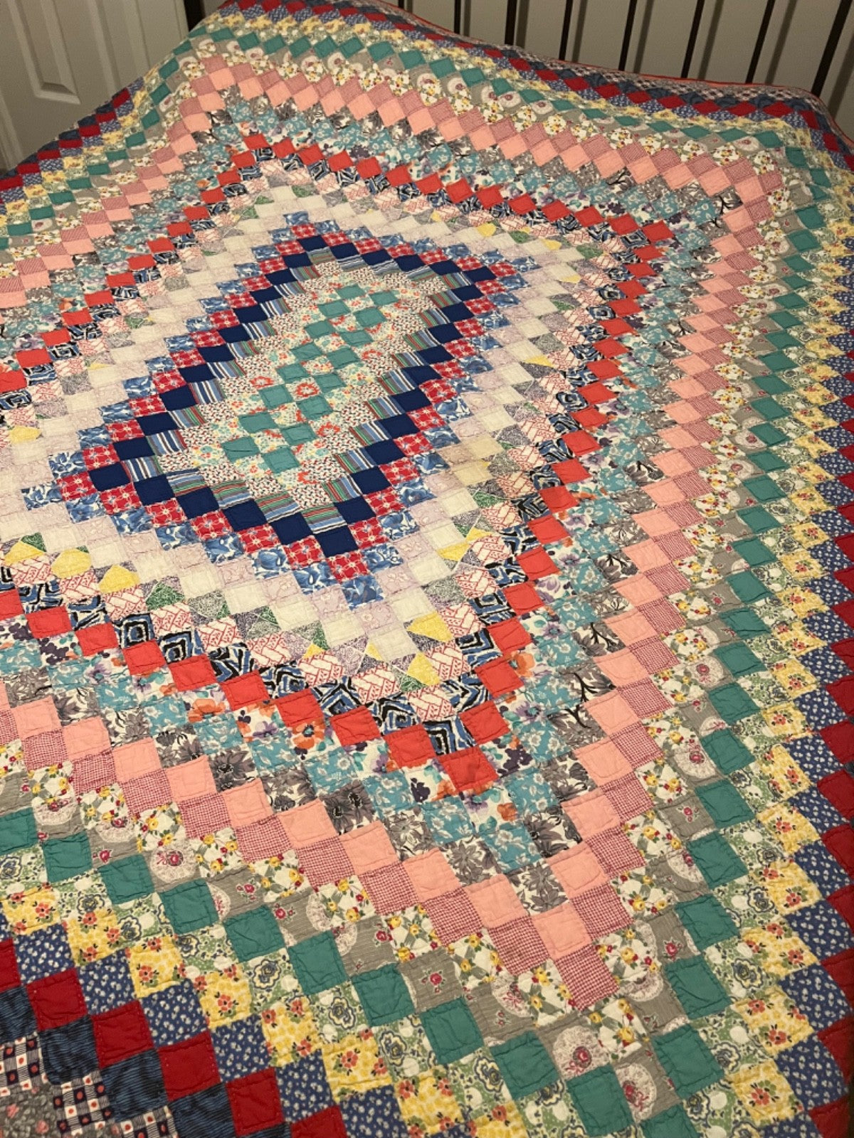 Vintage Trip Around the World Hand Pieced & Quilted Feedsack Queen Quilt