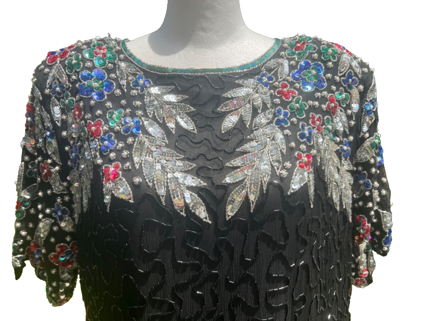 RARE NWT Vintage Cee Cee Black Silk Beaded Sequin Dress Cutout Back Cruise