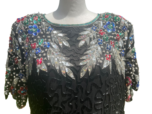 RARE NWT Vintage Cee Cee Black Silk Beaded Sequin Dress Cutout Back Cruise