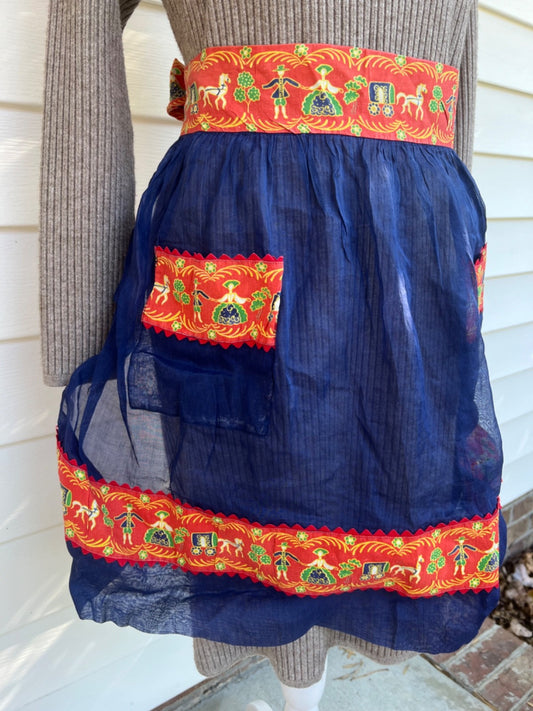 Vintage Scandinavian Blue Organza Tie Back Half Apron, SO pretty!