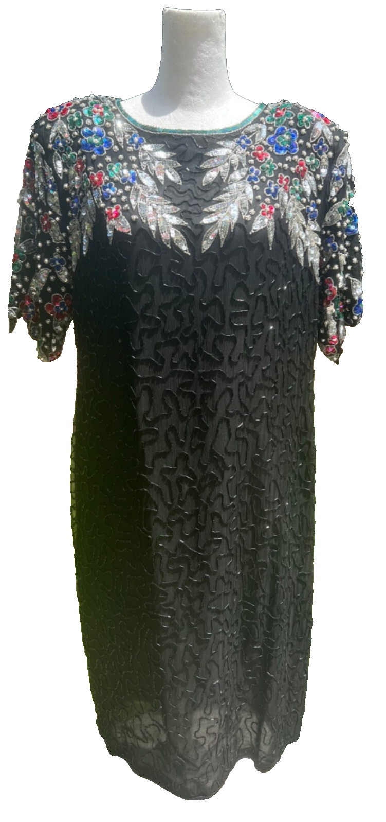 RARE NWT Vintage Cee Cee Black Silk Beaded Sequin Dress Cutout Back Cruise