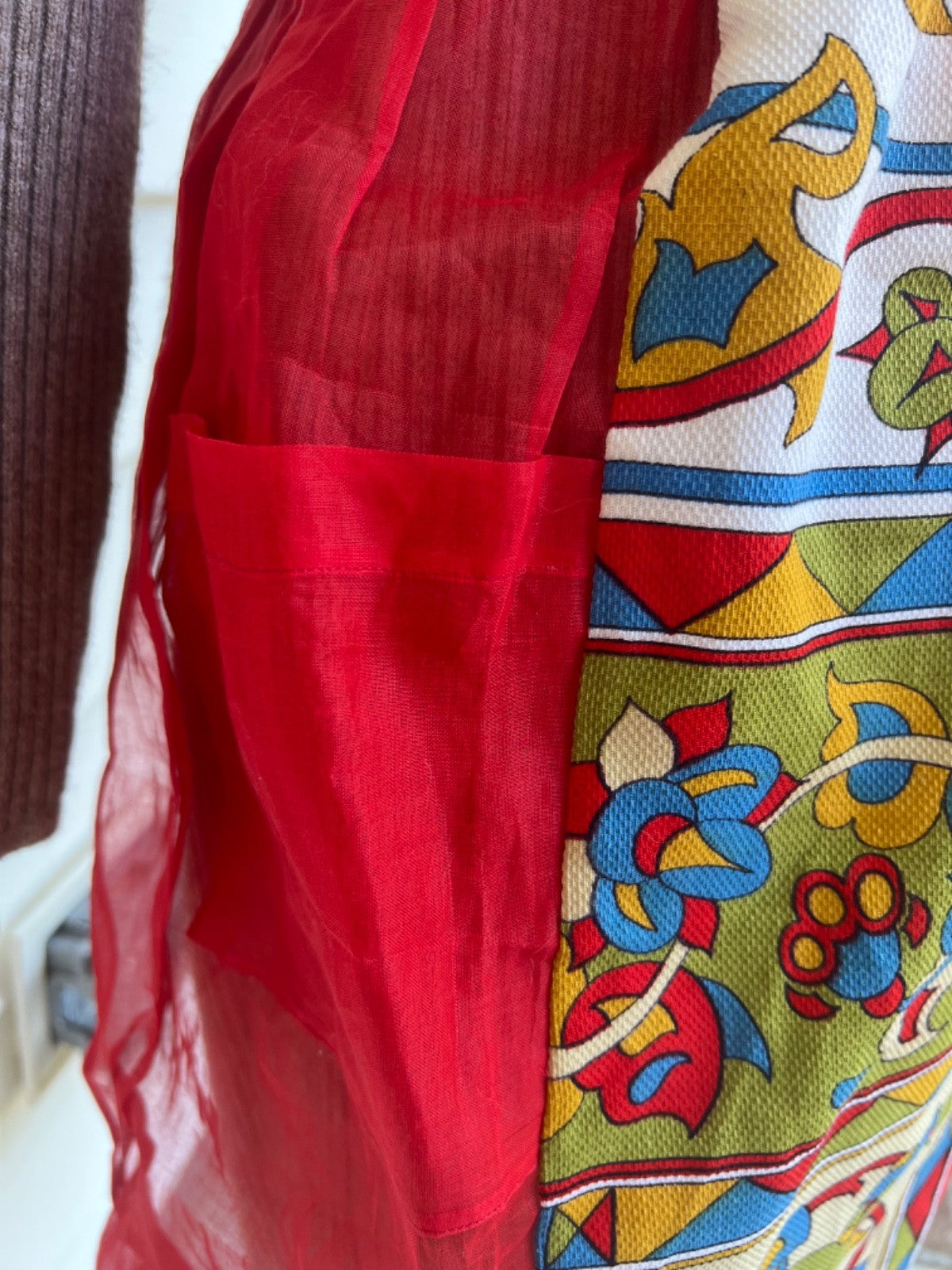 Vintage Folksy Red Organza & Linen Half Apron