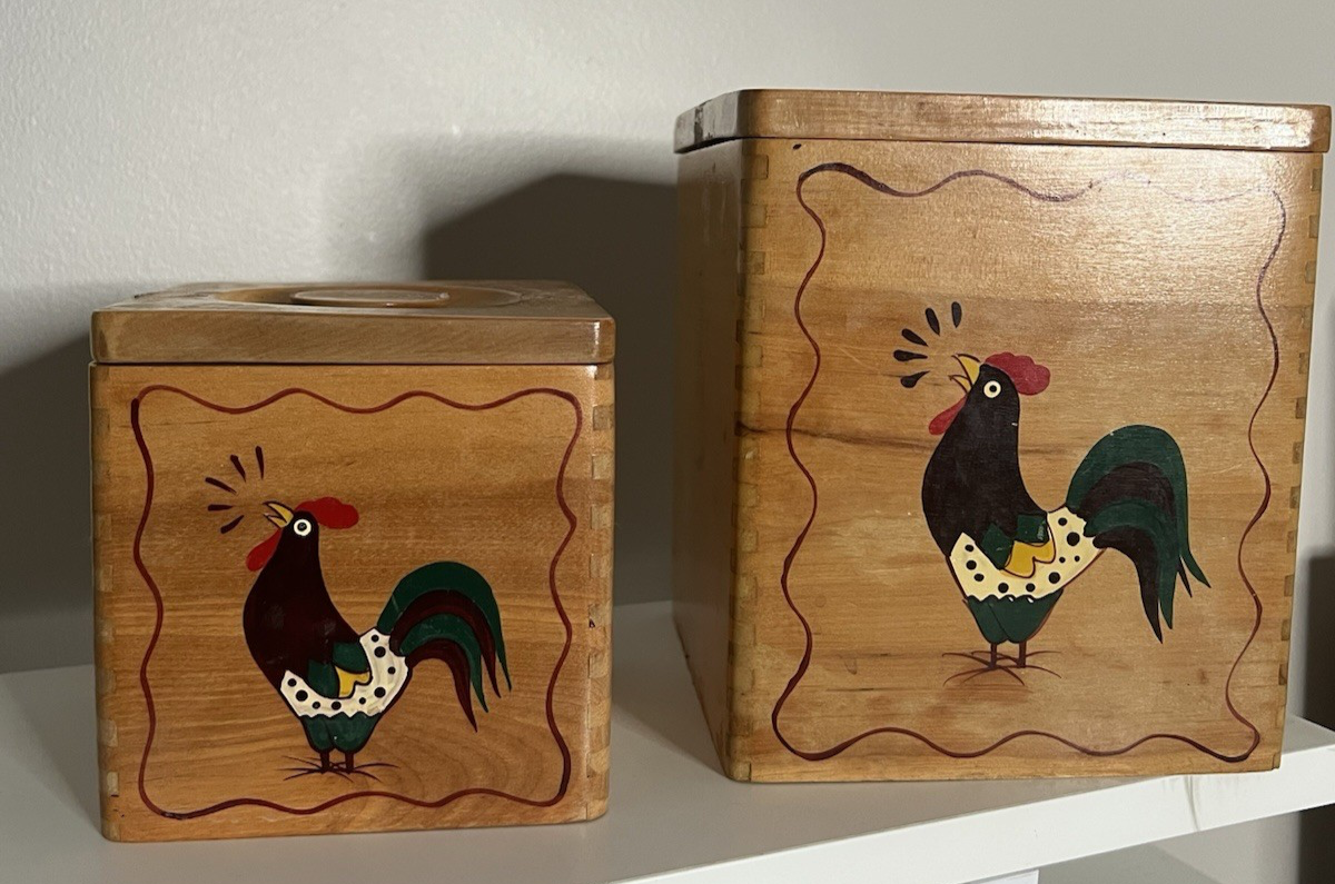 Vintage Holly-Woodware Canisters (2) Handpainted Rooster w/Trim Nestled, Awesome