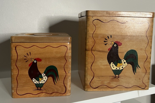 Vintage Holly-Woodware Canisters (2) Handpainted Rooster w/Trim Nestled, Awesome