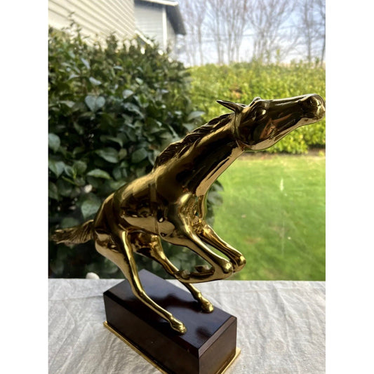 GIANT Vintage Brass Mustang Horse on wood base