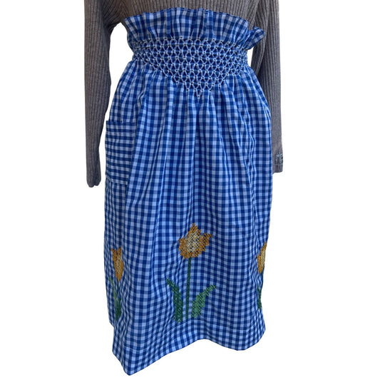 Vintage Blue Gingham Apron with pocket & Tulip Cross-stiched Needlework