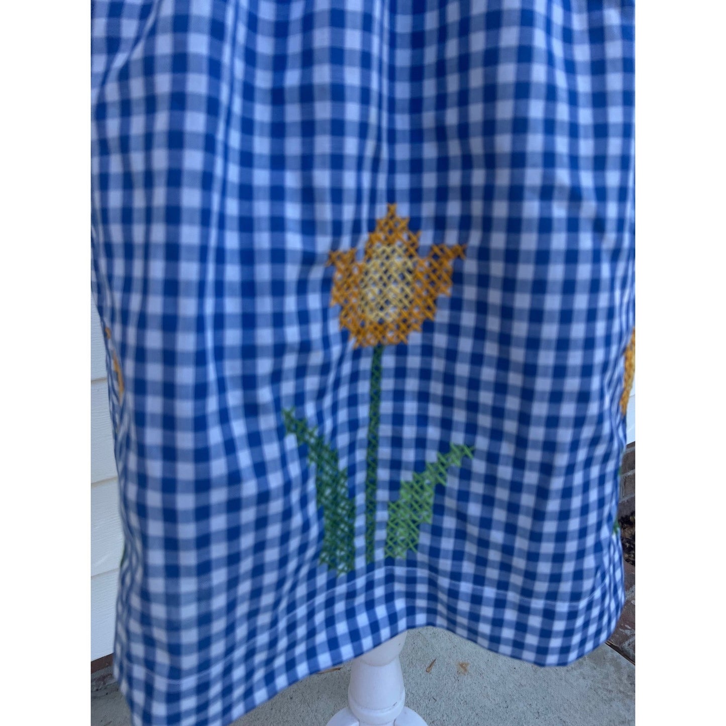 Vintage Blue Gingham Apron with pocket & Tulip Cross-stiched Needlework
