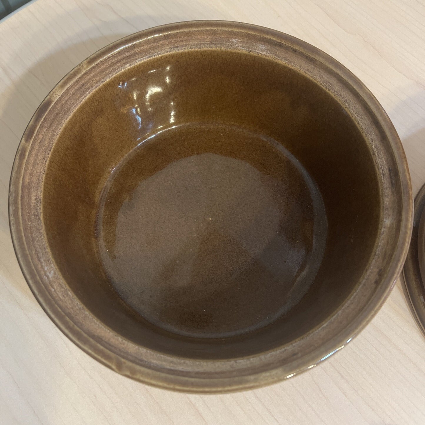 Vintage 2 Qt Brown Glaze Bean Pot Crock Stoneware Dutch Oven marked USA