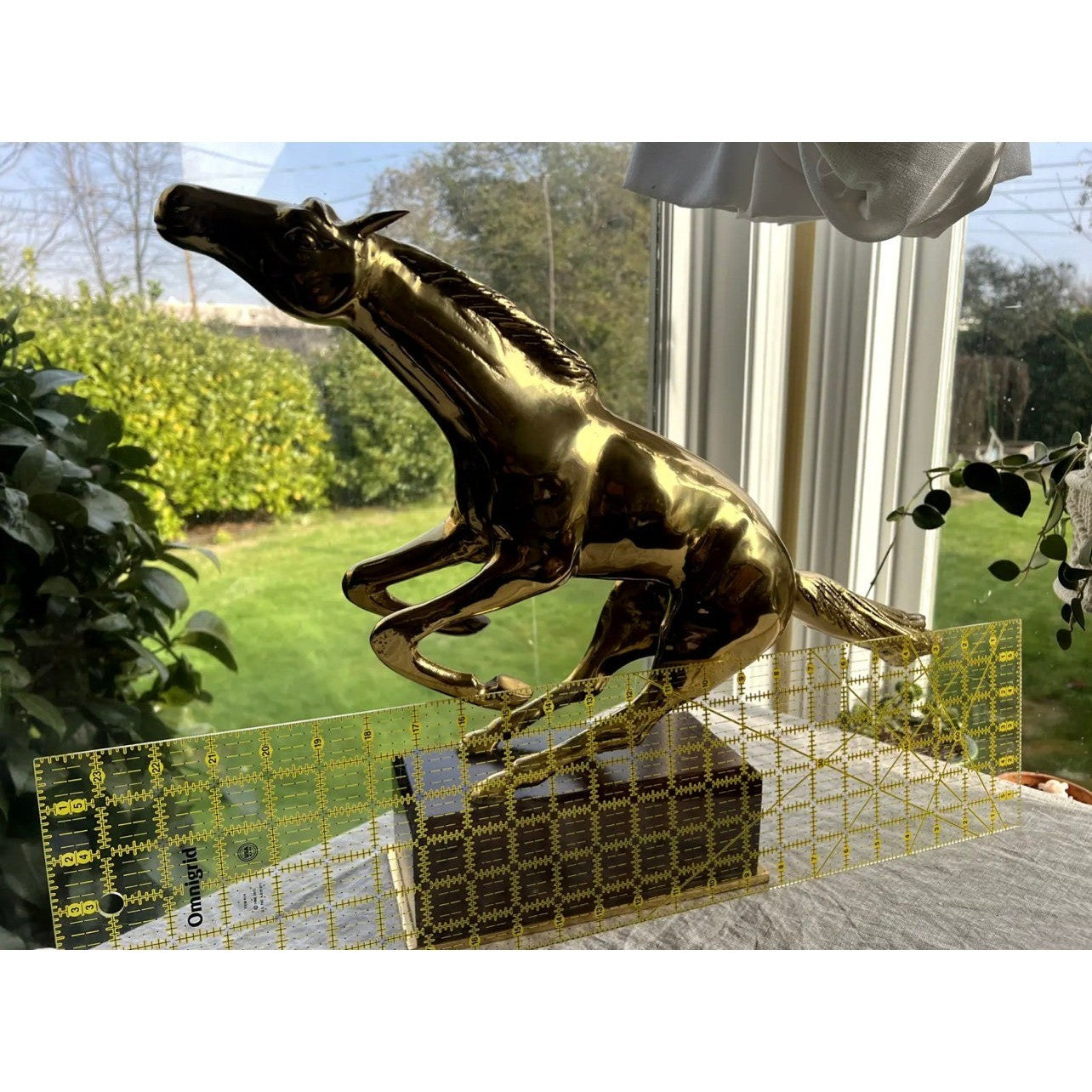 GIANT Vintage Brass Mustang Horse on wood base