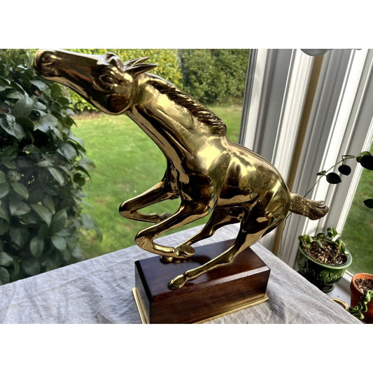 GIANT Vintage Brass Mustang Horse on wood base