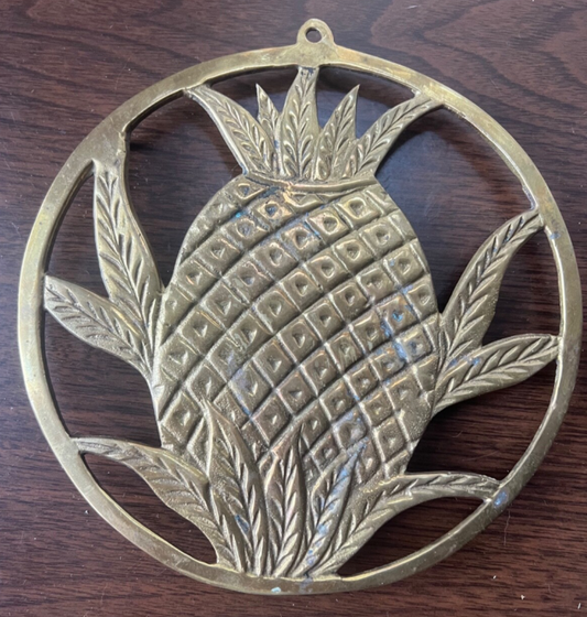 Vintage Solid Brass Pineapple Trivet Pot Holder Wall Hanging Decor Footed 7” D