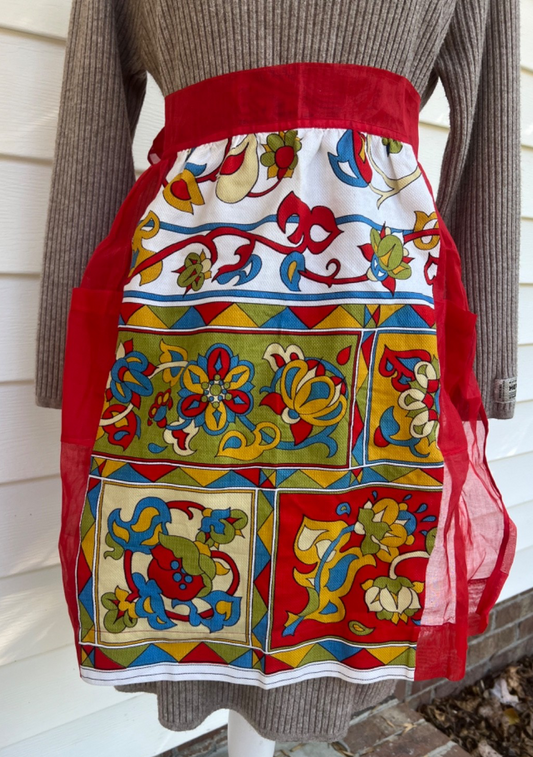 Vintage Folksy Red Organza & Linen Half Apron