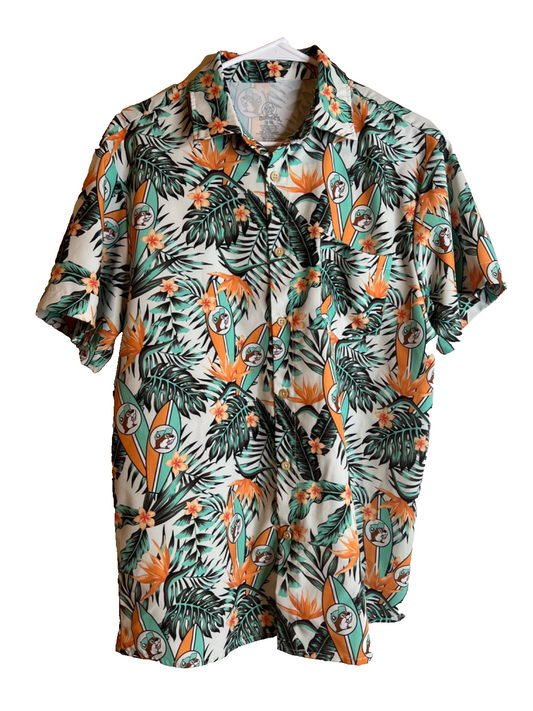 Buc-ees Floral Hawaiian Button Shirt Men’s S/M Beaver Palm Trees Surfboards