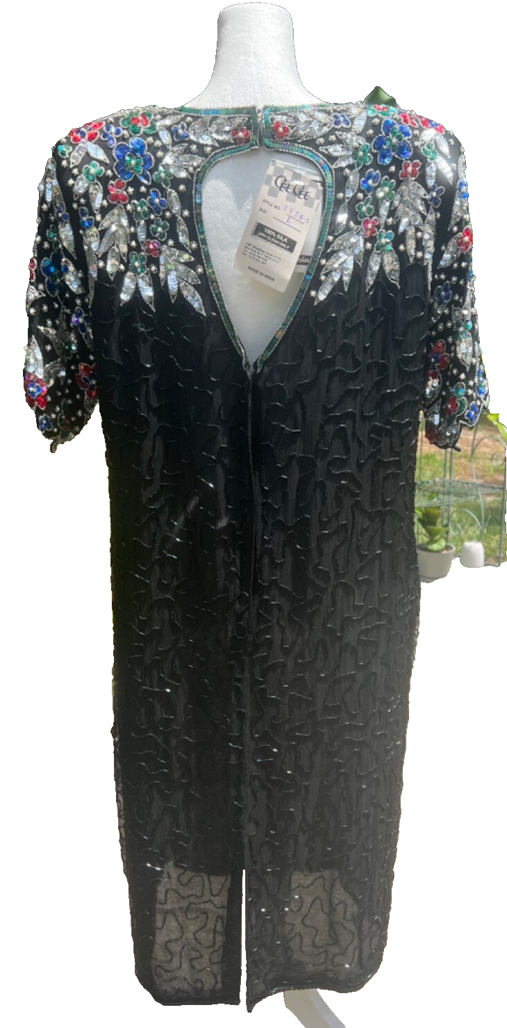 RARE NWT Vintage Cee Cee Black Silk Beaded Sequin Dress Cutout Back Cruise
