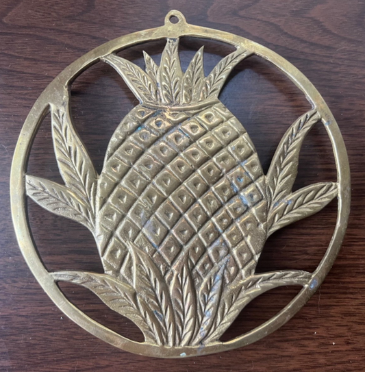 Vintage Solid Brass Pineapple Trivet Pot Holder Wall Hanging Decor Footed 7” D